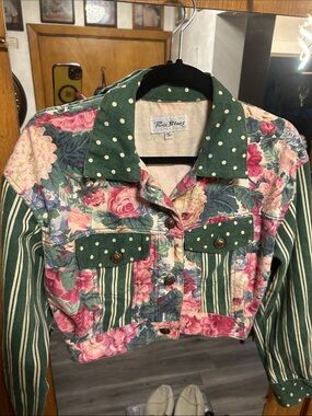 Paris Blues Floral & Striped Patchwork Cropped Jacket with Polka Dot Trim